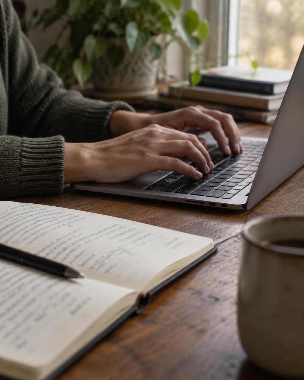 Hands typing on a laptop beside an open notebook